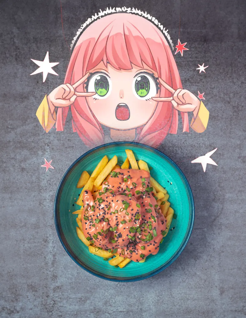 Anya cut-out above a bowl of Waku Waku Wings with fries